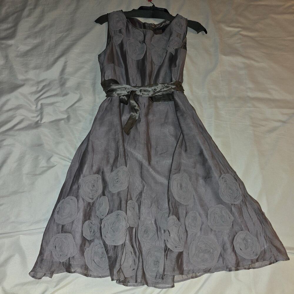 Coast Taupe silk Sleeveless dress belted raised flower detail feminine Size 10